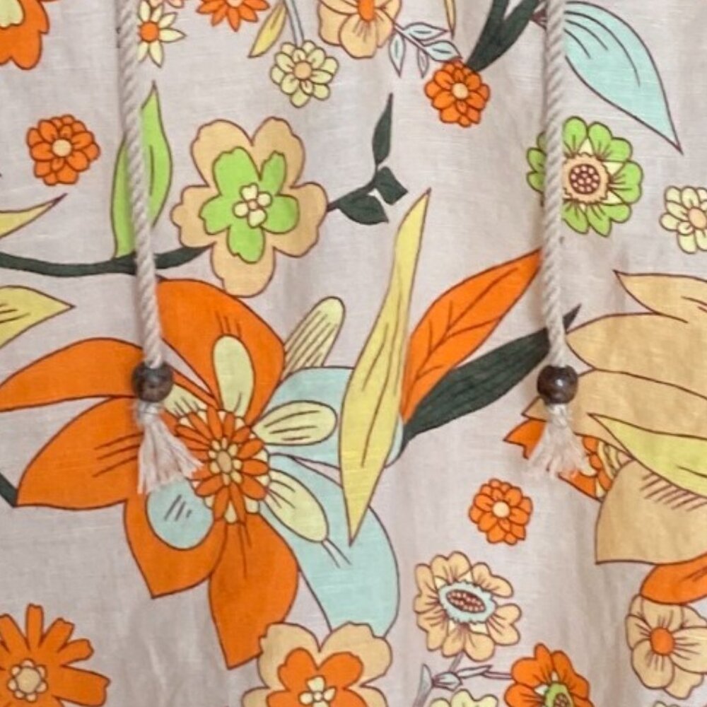 Hester & Orchard Linen Blend Cottagecore Shirt Floral Retro Boho Tassel Tie-M - Picture 4 of 11